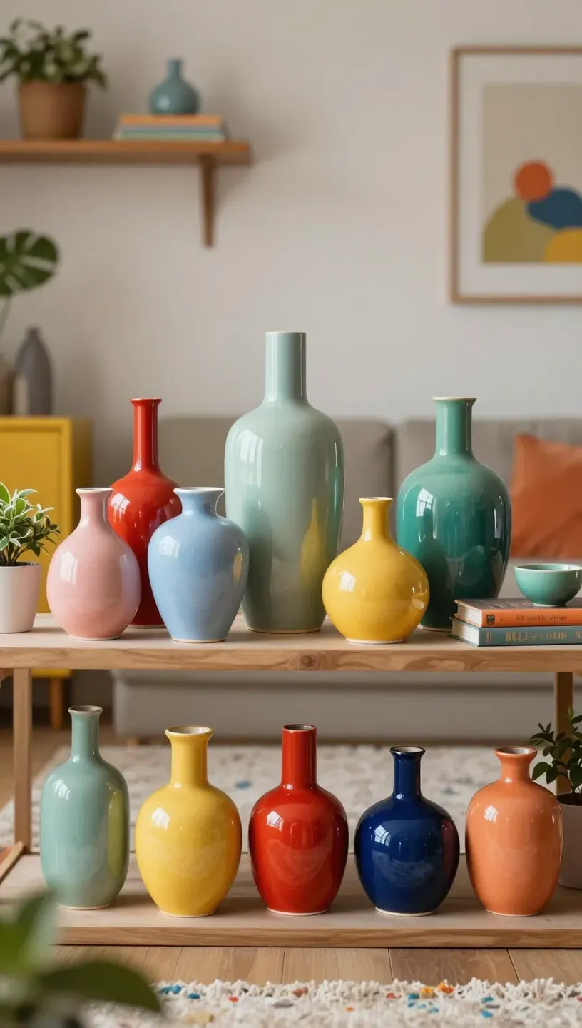 Colorful ceramic vases displayed on shelves in a stylish living room.