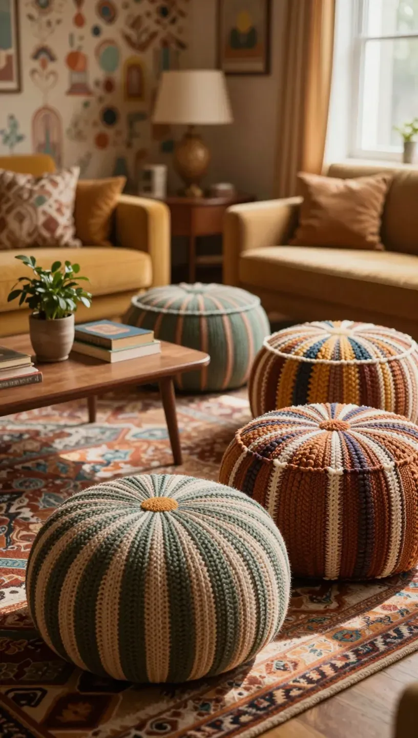 Knitted poufs in a cozy vintage living room setting.