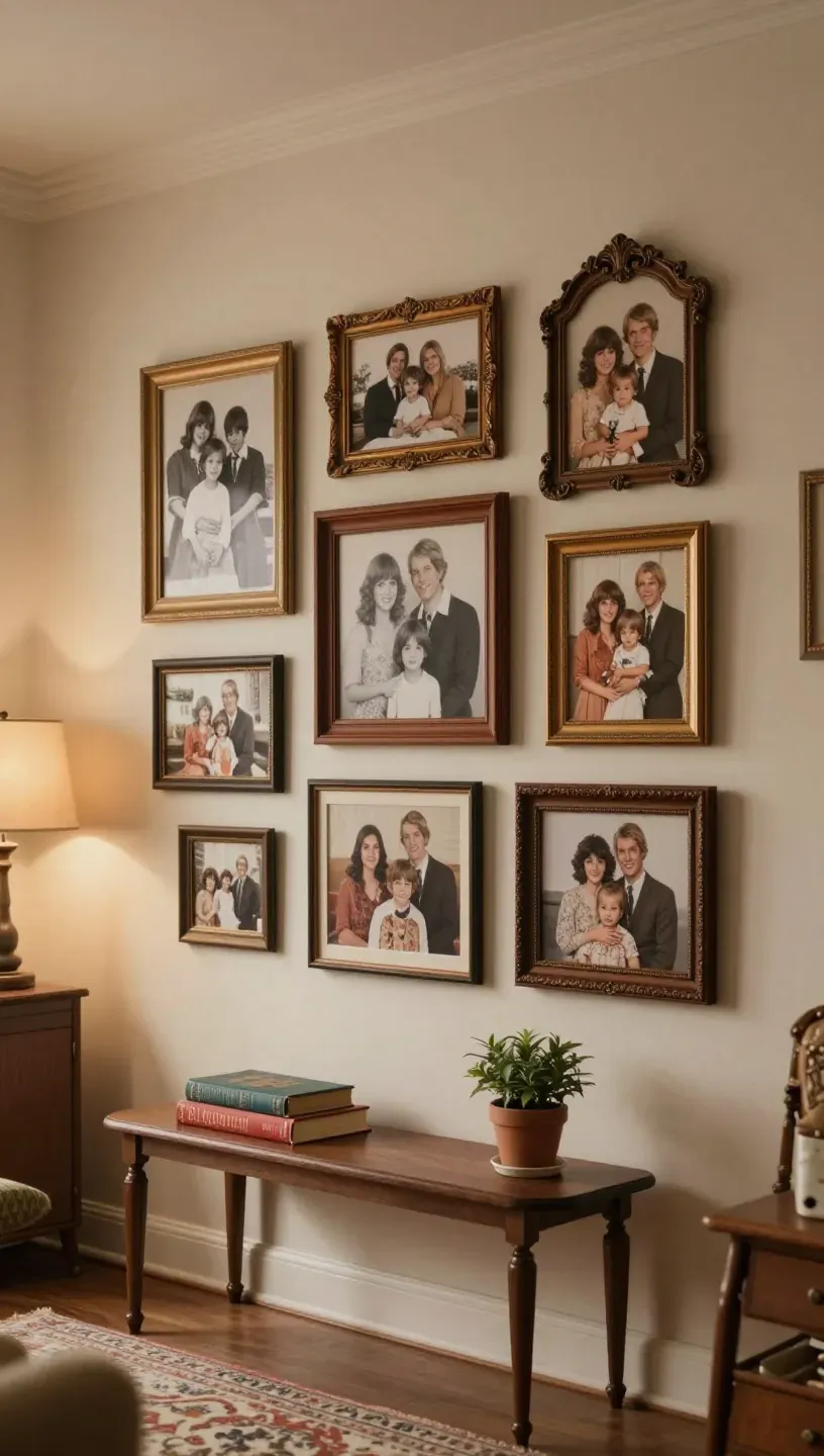 Gallery wall with framed family photos in vintage frames.