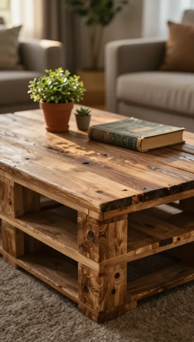 A rustic wooden pallet coffee table with a warm finish and decorative items.