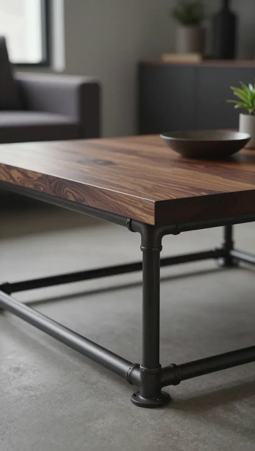 An industrial-style coffee table featuring metal pipes and a wooden top.