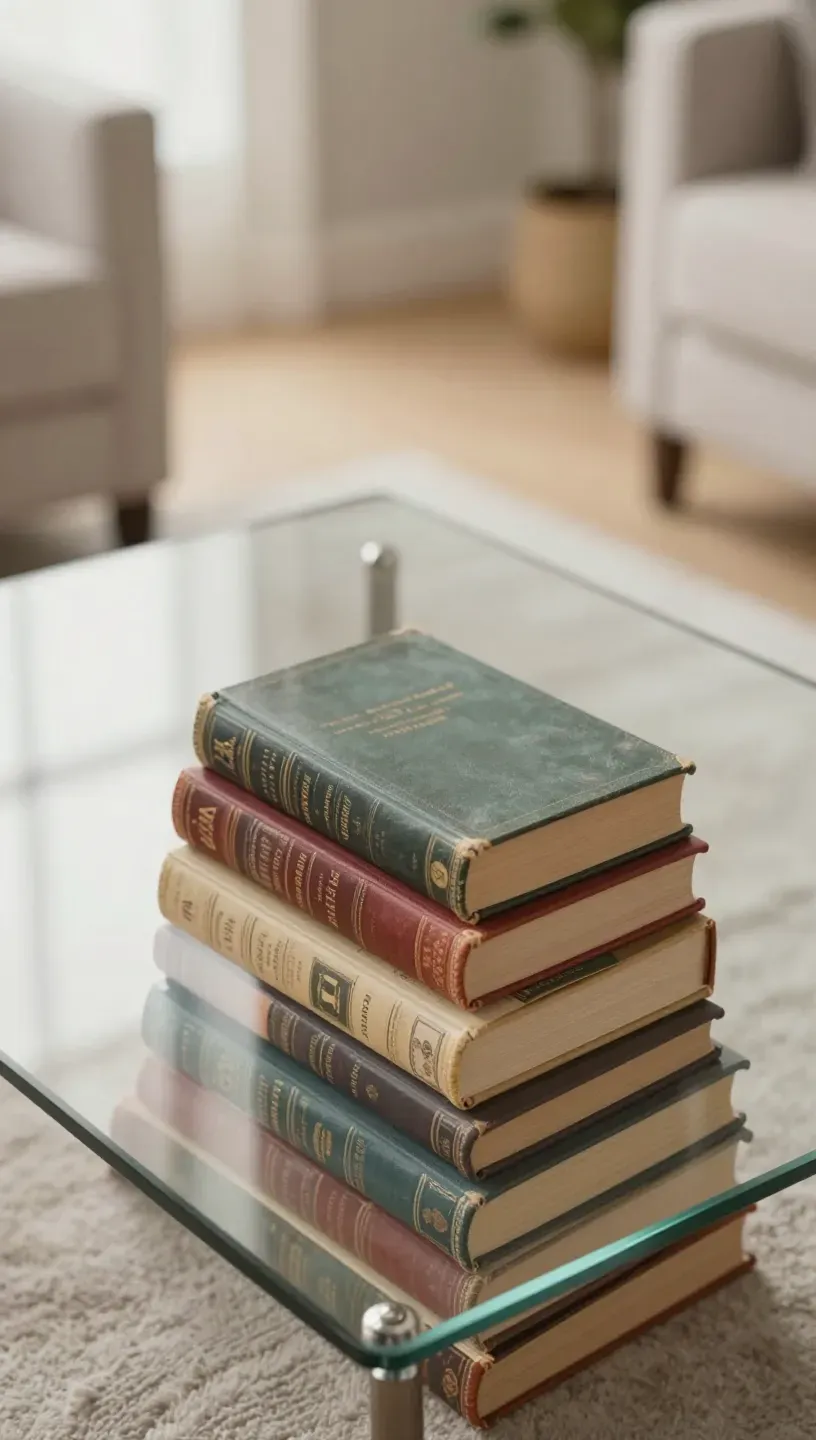 An elegant glass-top coffee table with a stack of vintage books underneath.
