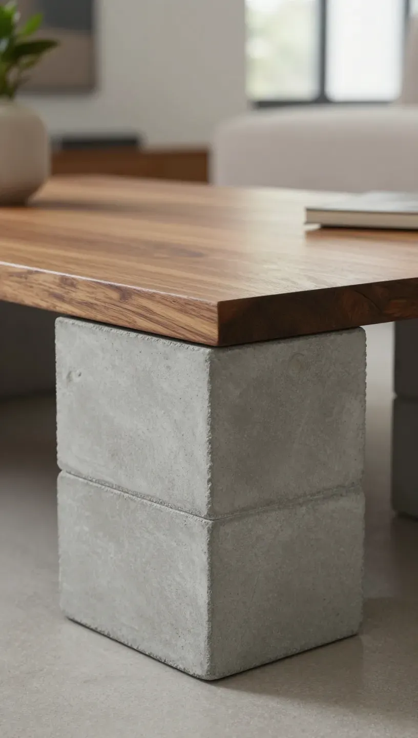 A modern coffee table made of concrete blocks and a wooden top.