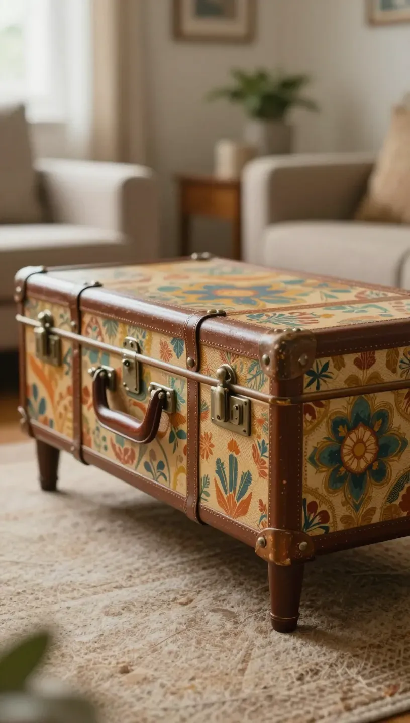 A unique coffee table made from a vintage suitcase with decorative legs.