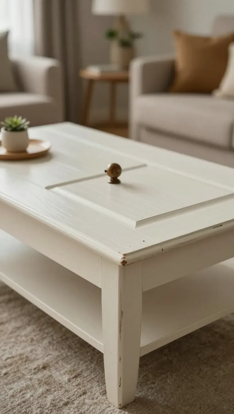 A creative coffee table made from an upcycled door with a doorknob.