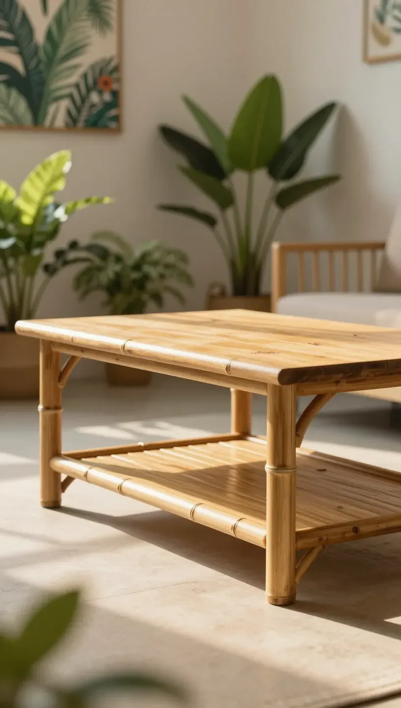 Photorealistic bamboo coffee table in a cozy living room setting.