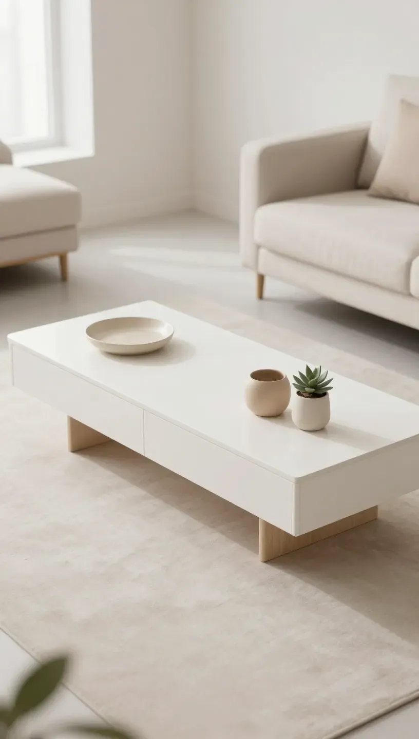 Minimalist floating shelf coffee table in a bright living room.