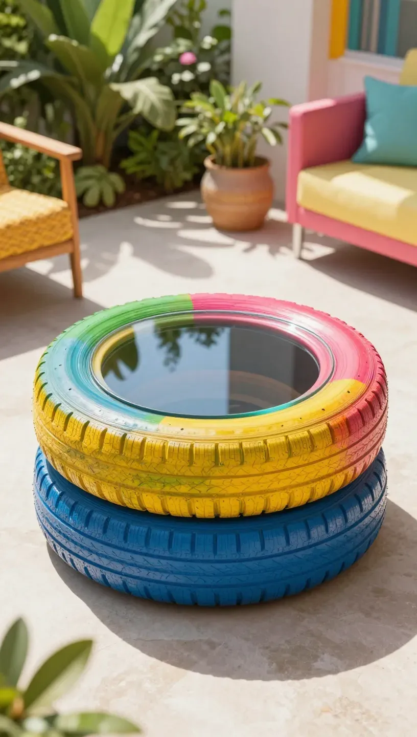 Whimsical coffee table made from a colorful repurposed tire.