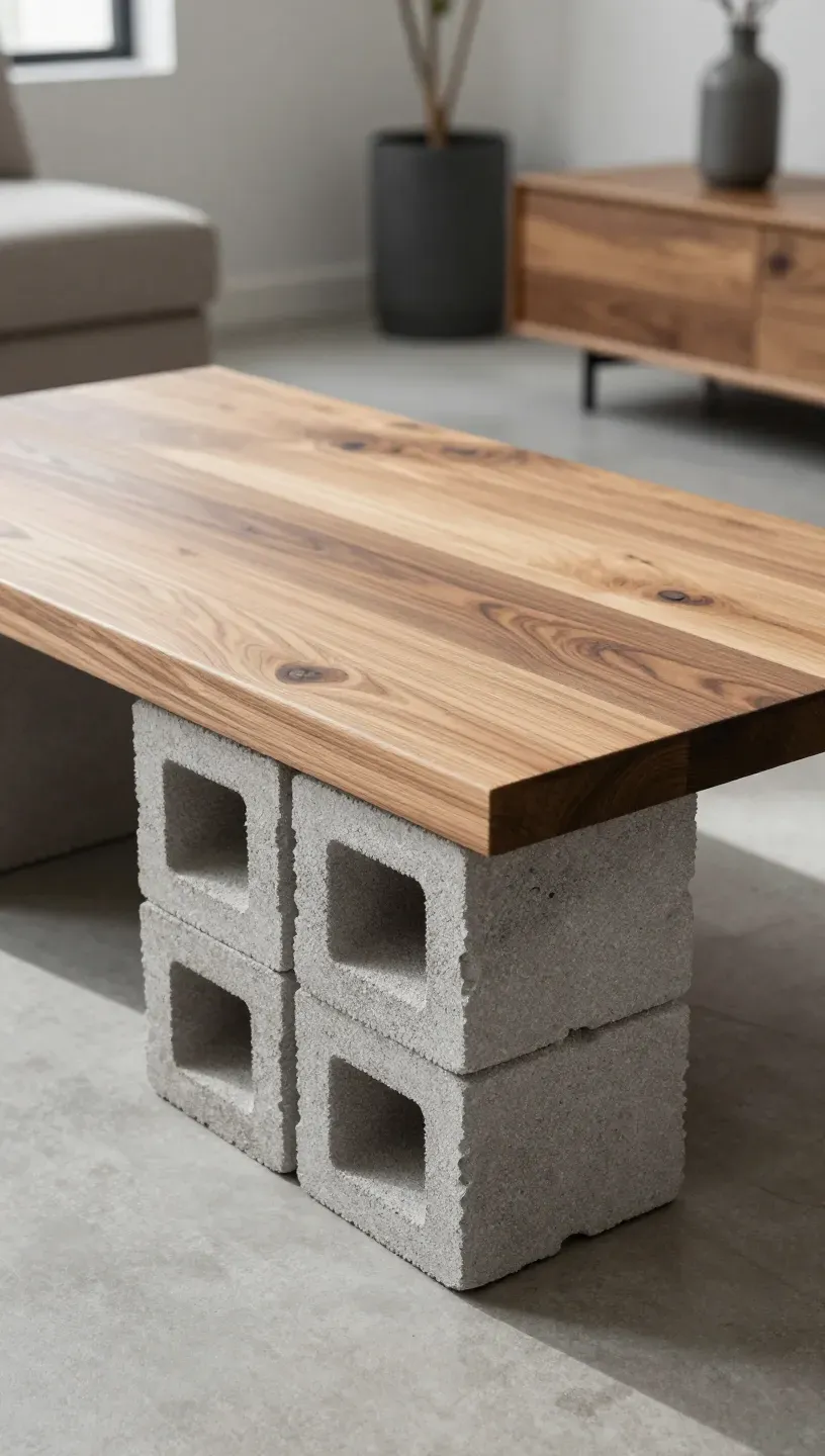 Modern coffee table made from cinder blocks and wood in a contemporary living room.