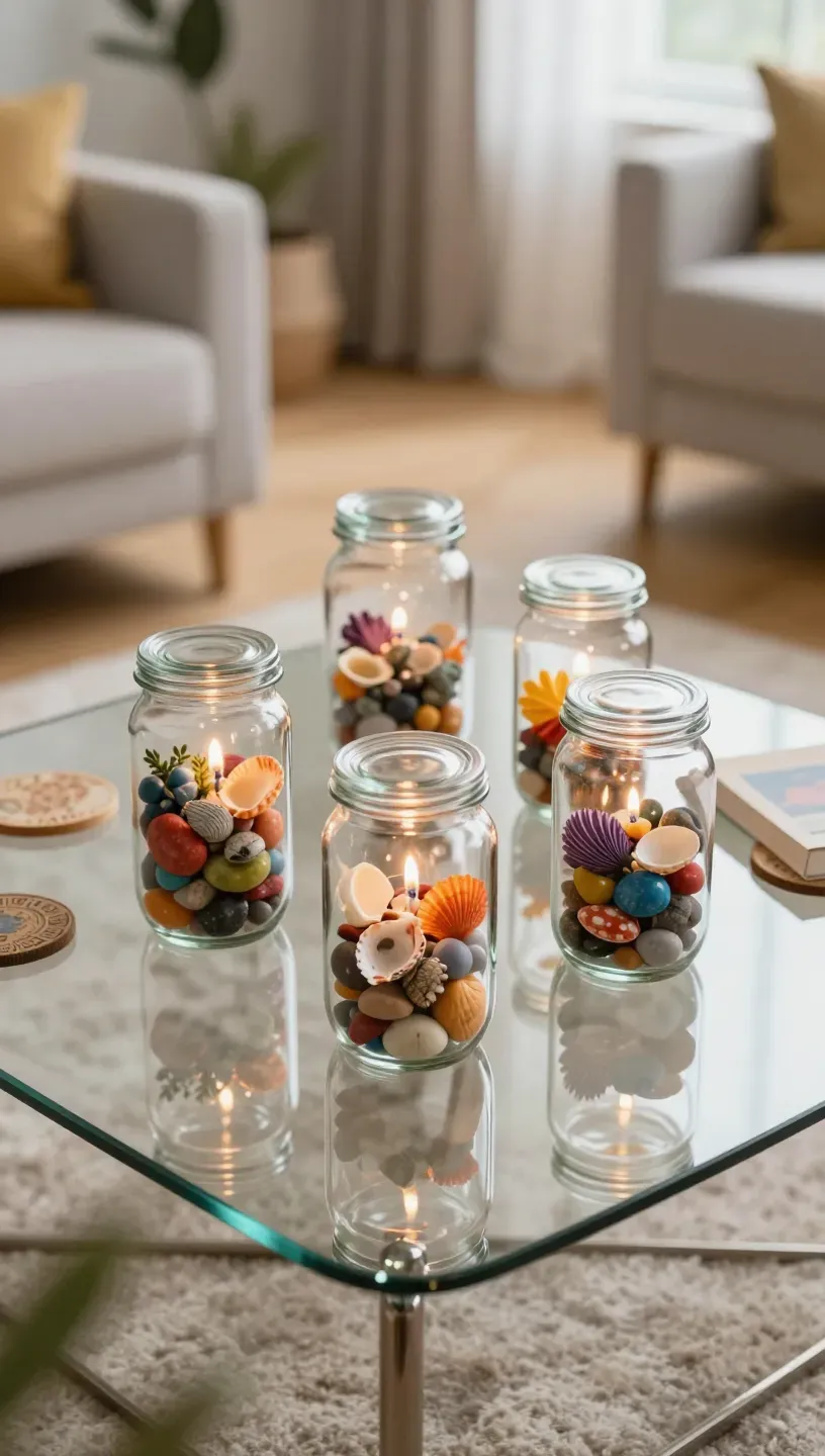 A coffee table with glass jars filled with colorful decorative elements.