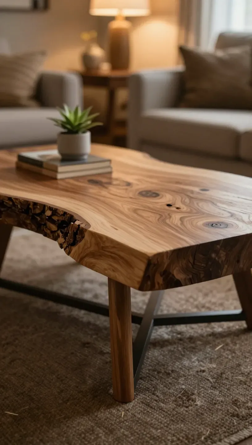 A coffee table made from a natural log slice with sturdy legs in a rustic living room.