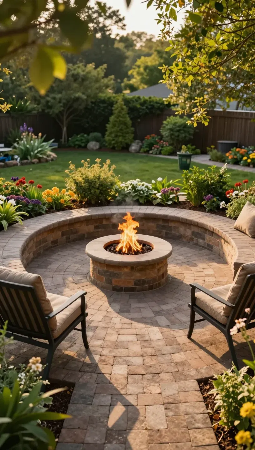 A circular paver patio with a fire pit surrounded by seating in a lush backyard.