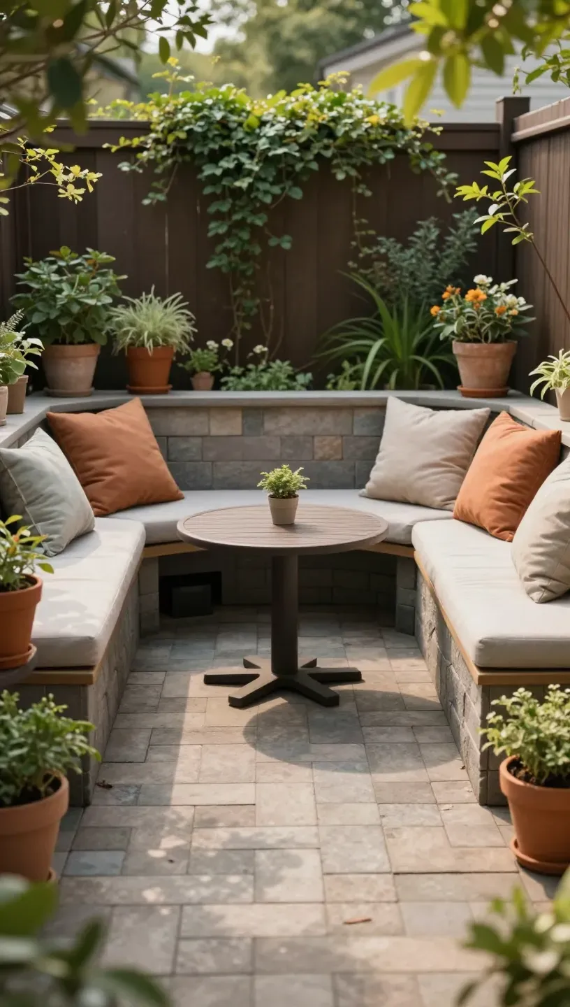 A small paver patio with built-in seating and a table surrounded by greenery.