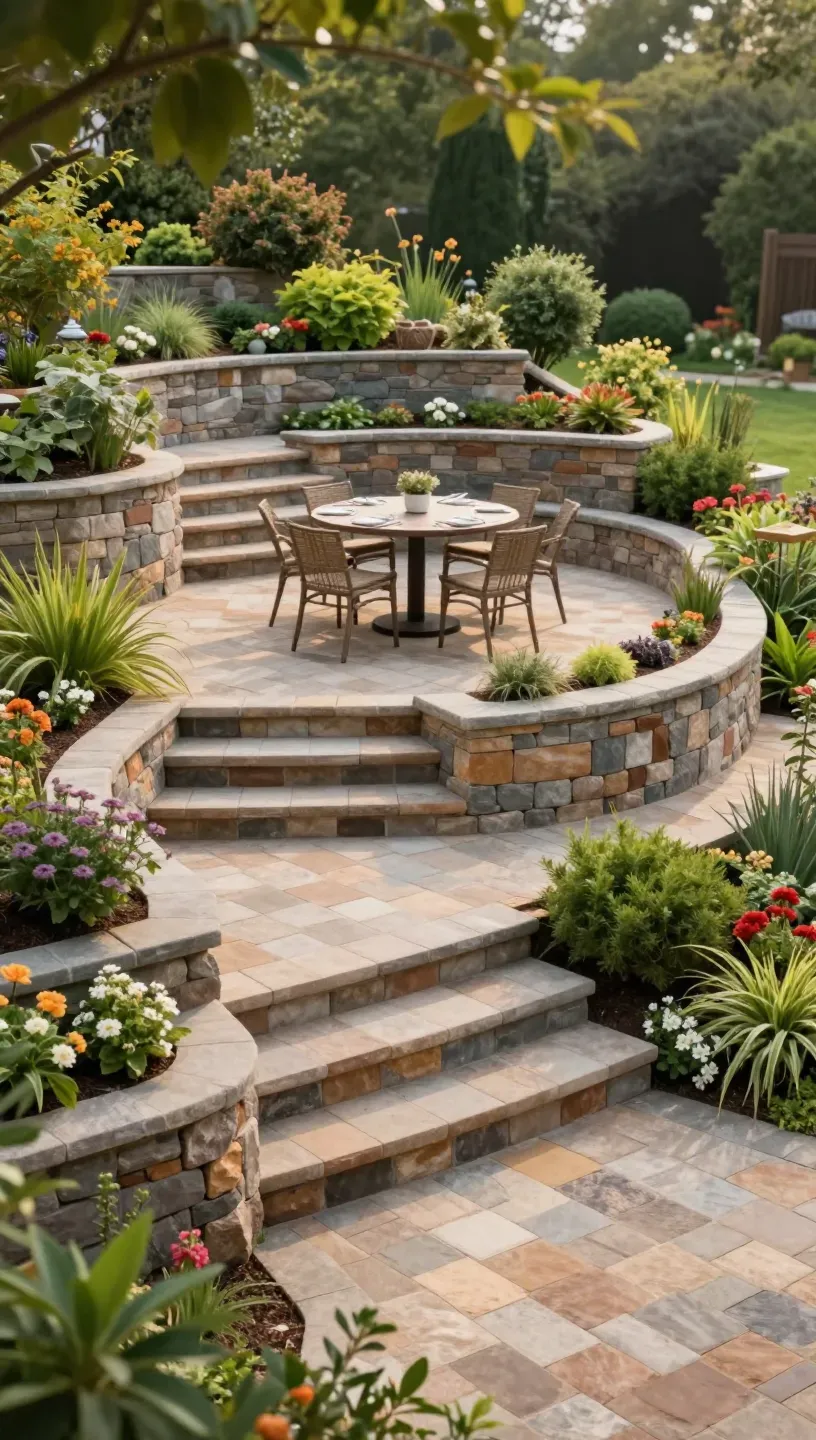 A multi-level paver terrace designed for a sloped yard with distinct functional spaces.