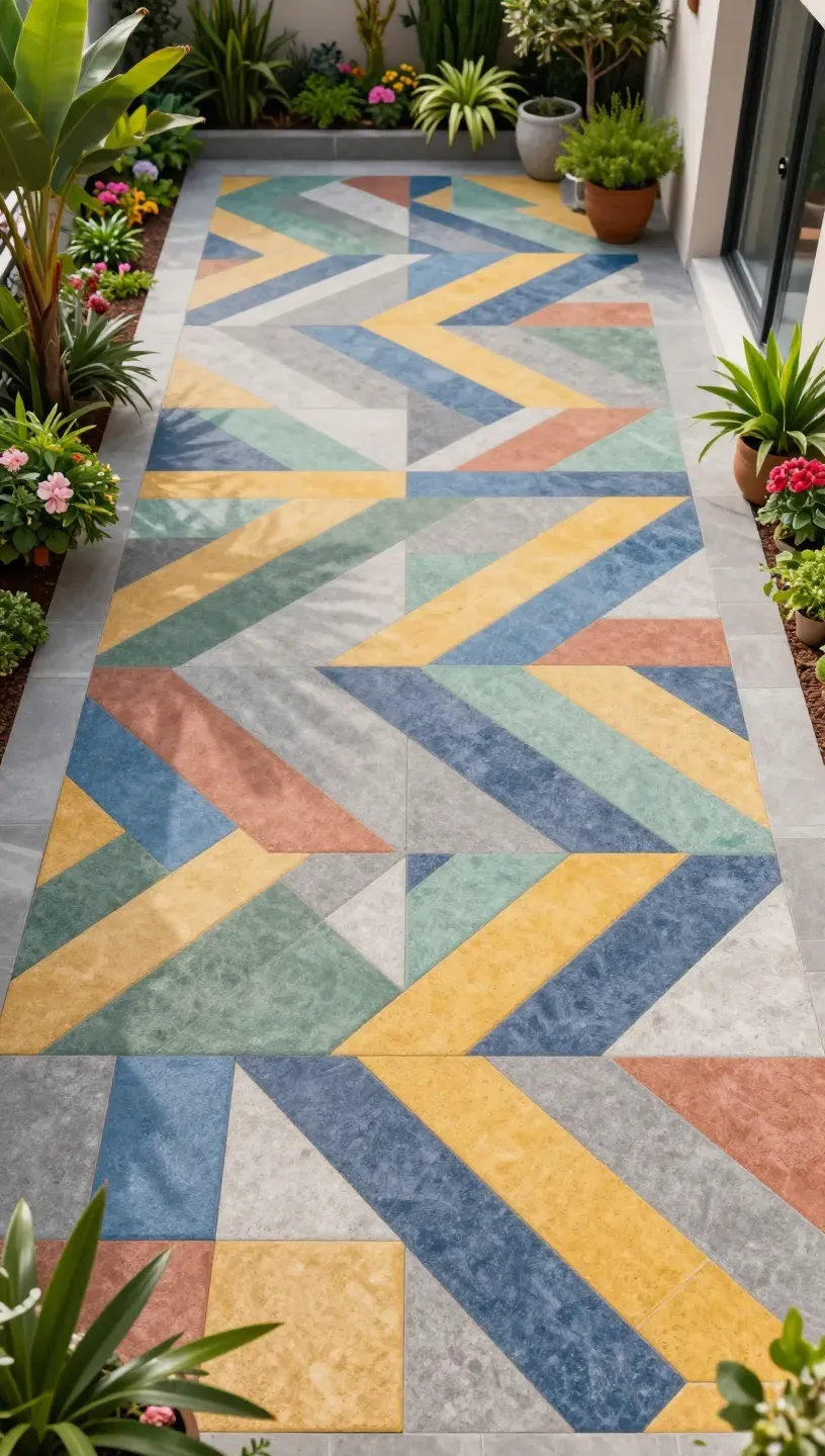 A geometric pattern layout of pavers in various shapes and colors on a patio.