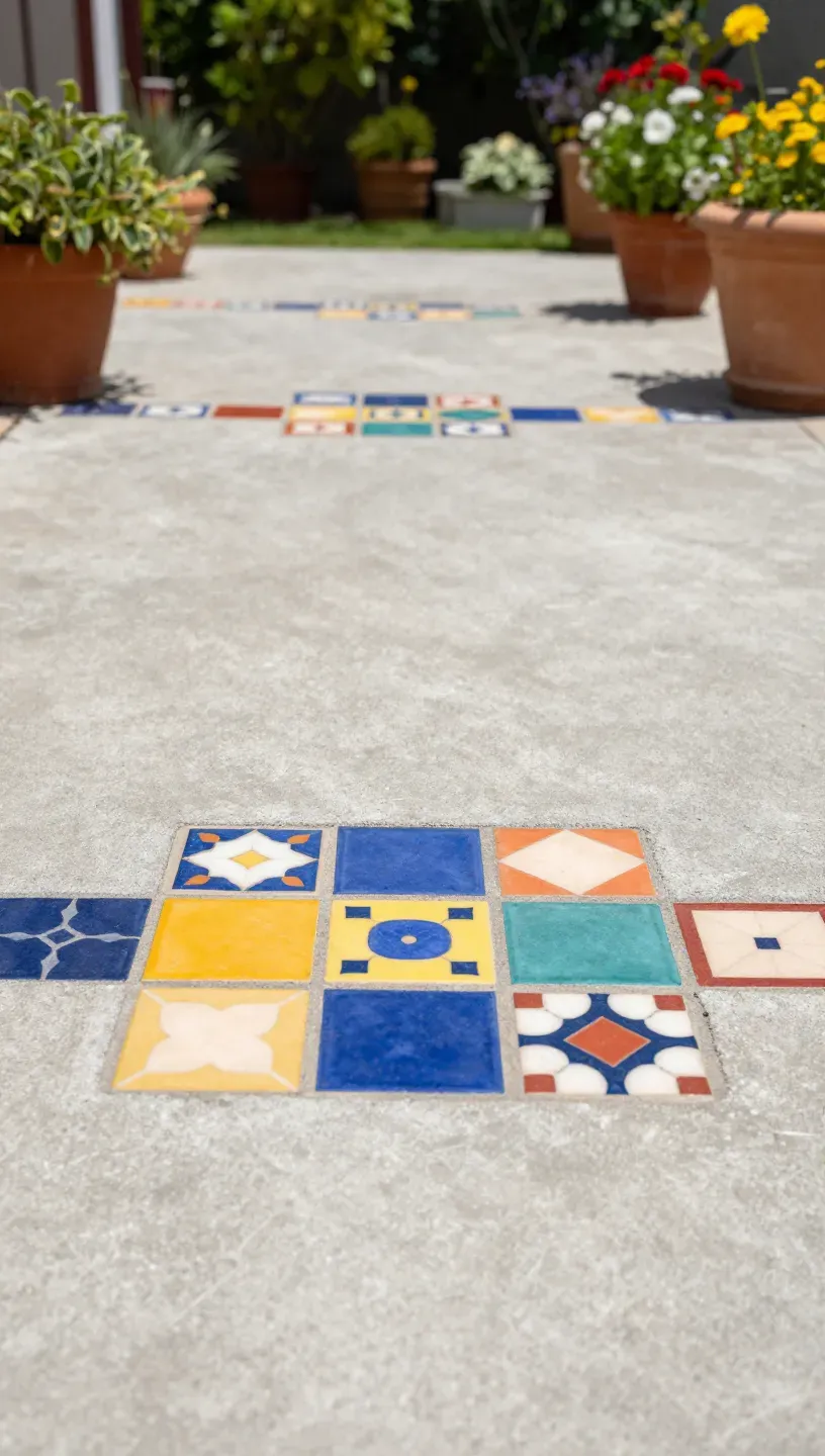 A cement patio enhanced with colorful tile accents creating a lively outdoor space.