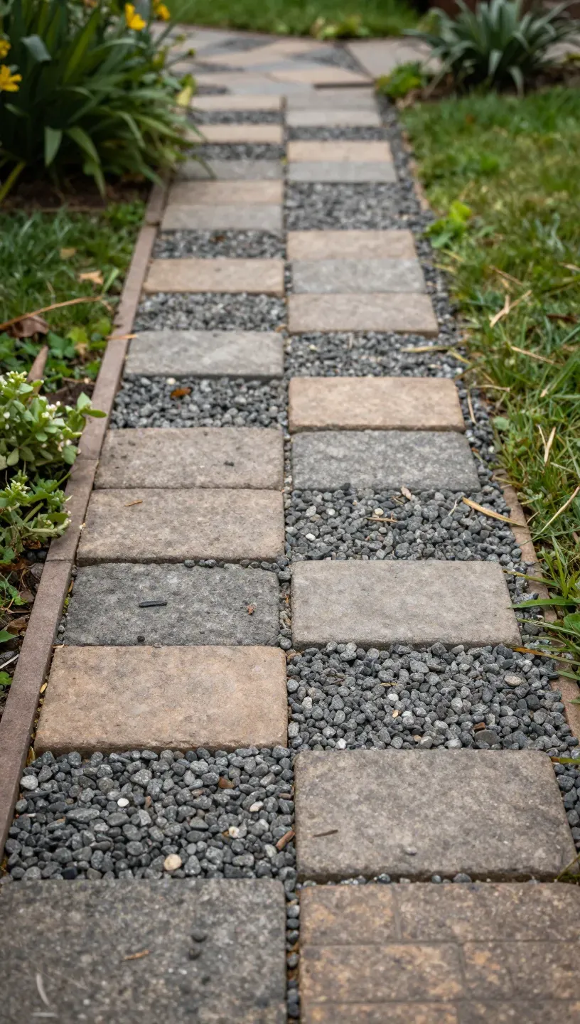 DIY paver pathway filled with gravel, showcasing a rustic outdoor design.