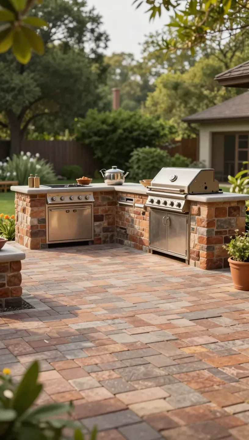 Stylish paver patio featuring an outdoor kitchen setup for cooking.