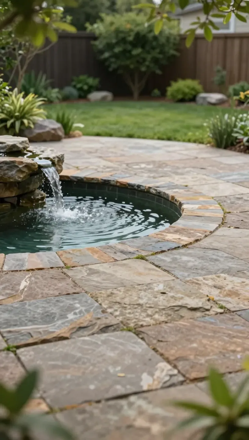 Tranquil stone patio integrated with a serene water feature in a peaceful backyard.