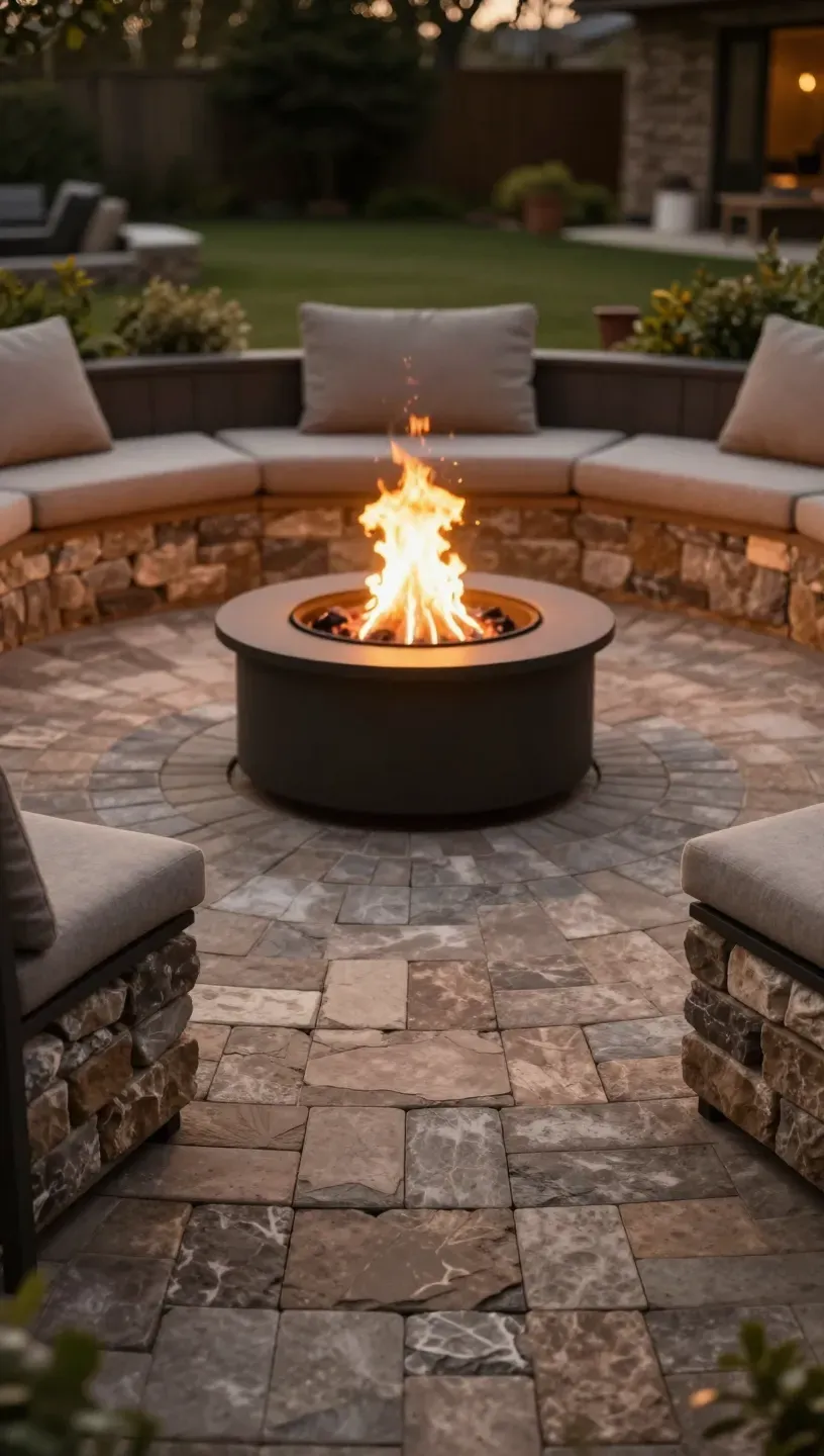 Cozy paver slab seating area centered around a warm fire bowl for gatherings.