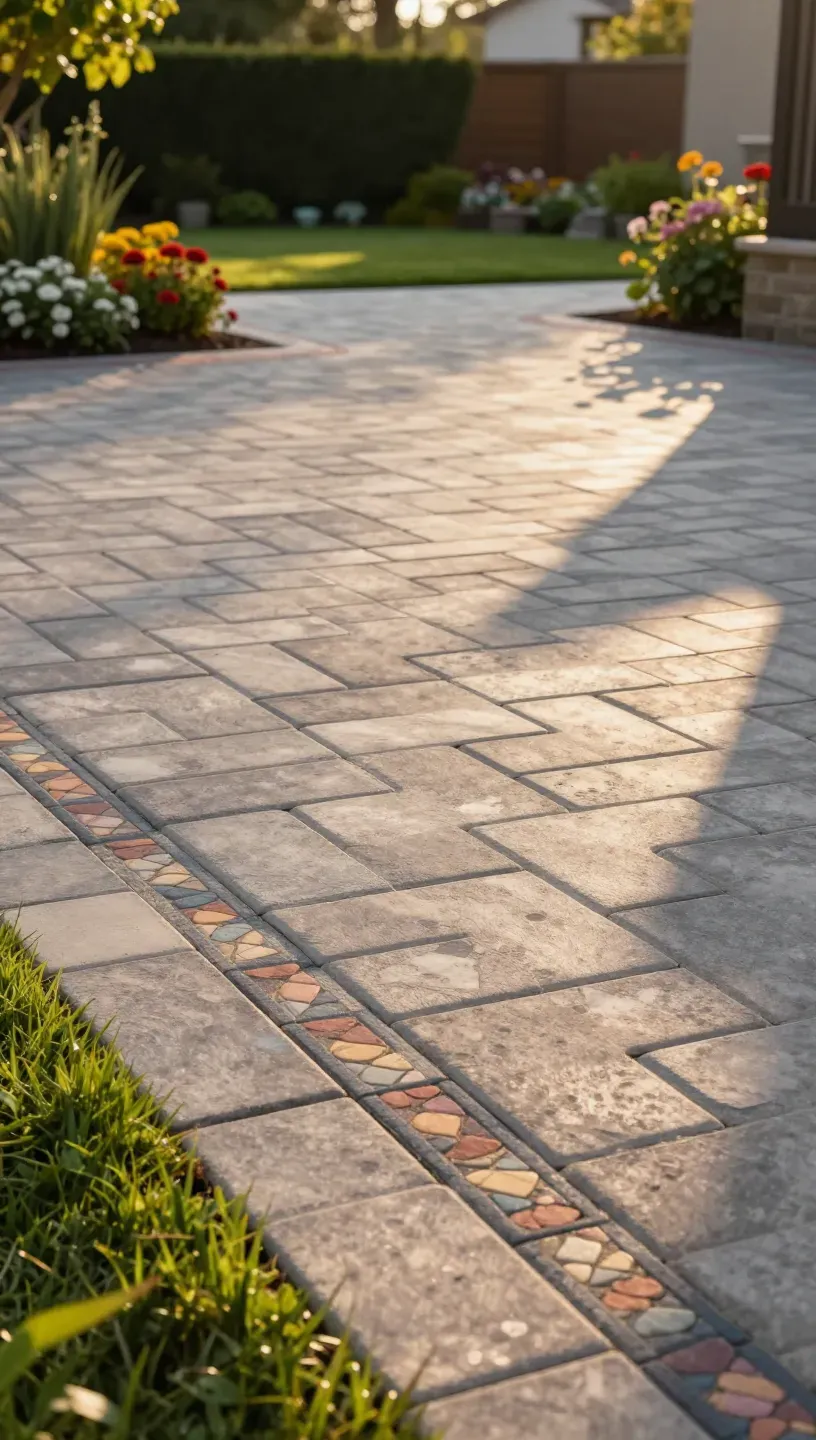 A beautiful patio with interlocking pavers and contrasting decorative borders.