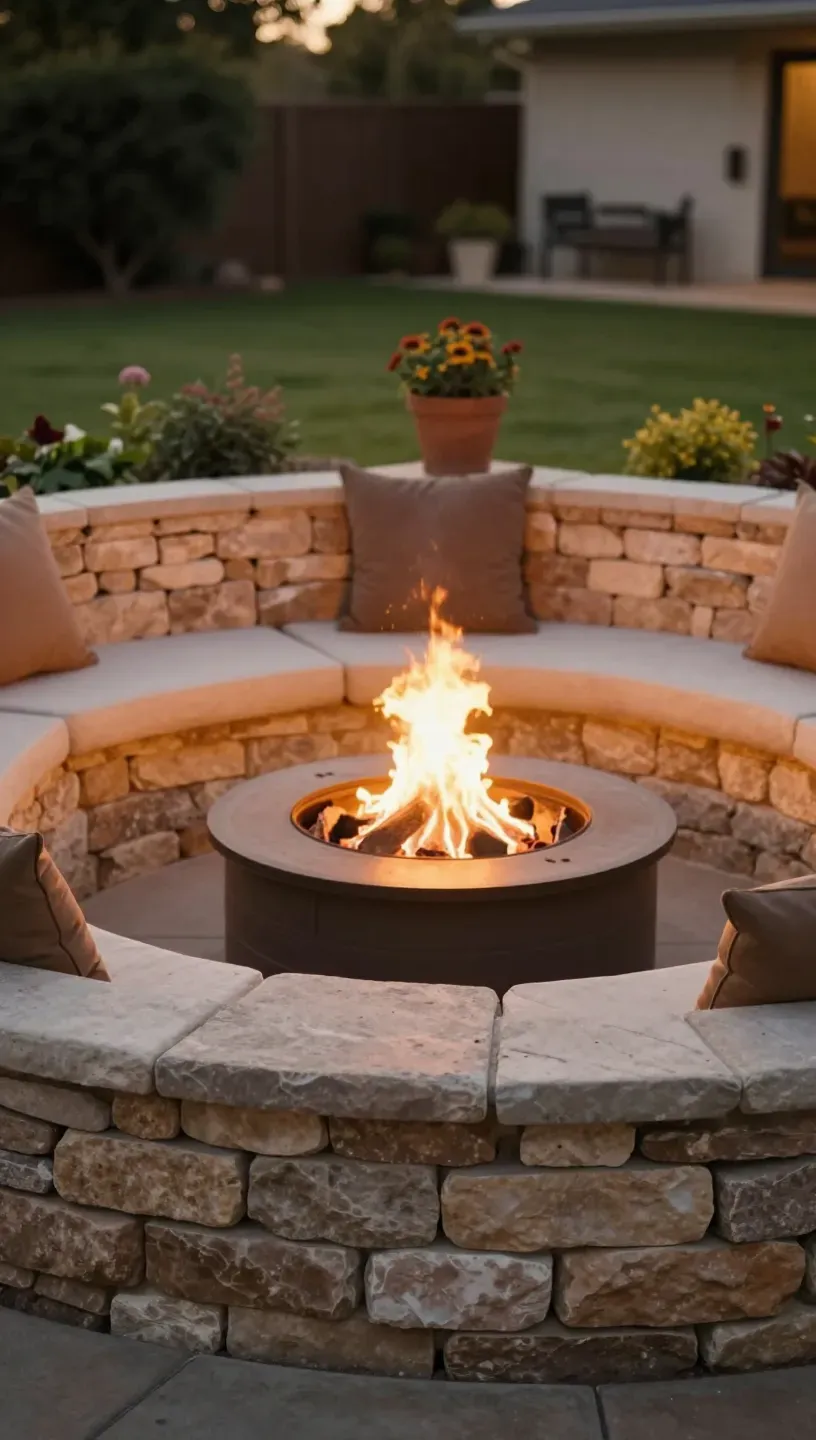A cozy seating wall made of pavers surrounding a warm fire pit.