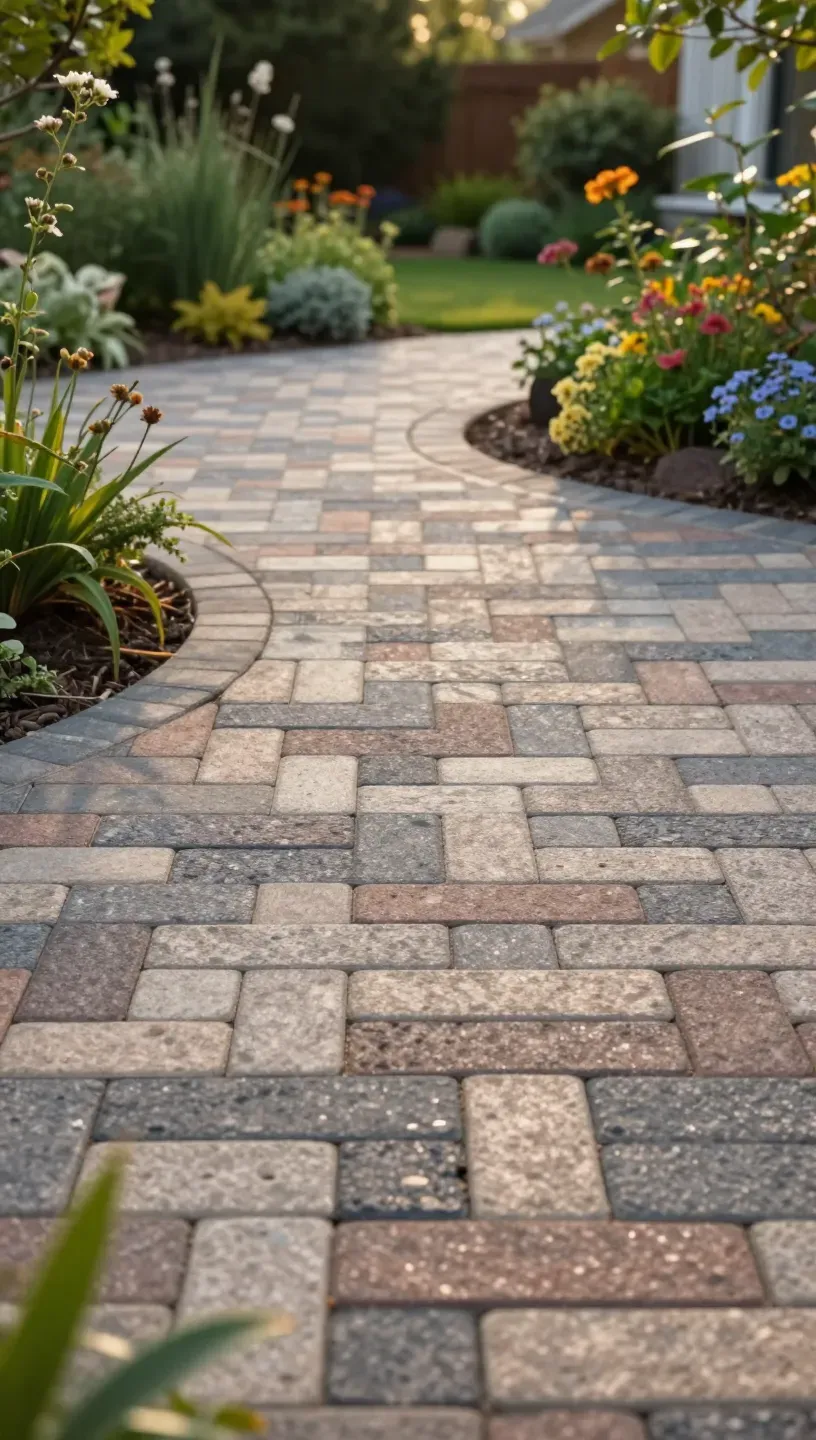 An eco-friendly patio with permeable pavers promoting water drainage.