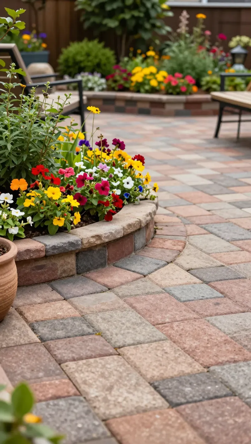 A vibrant paver patio featuring built-in planters filled with colorful flowers.