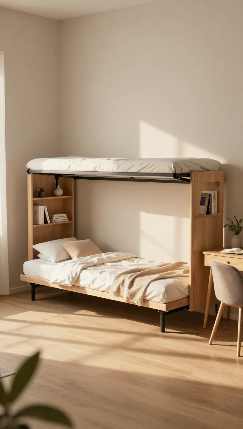 Cozy bedroom featuring a foldable Murphy bed with built-in shelving