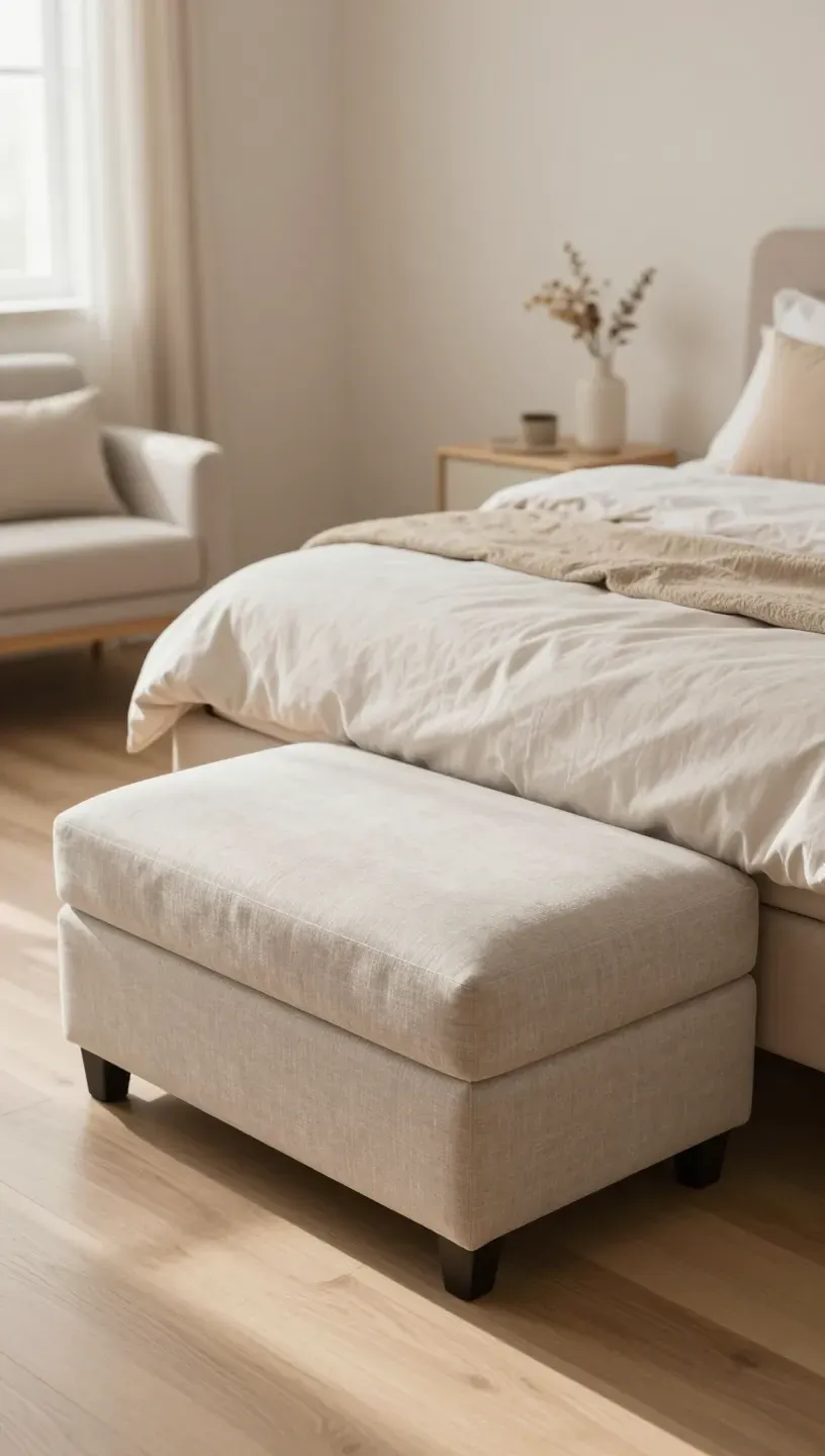 Stylish storage ottoman at the foot of a bed in a tiny bedroom