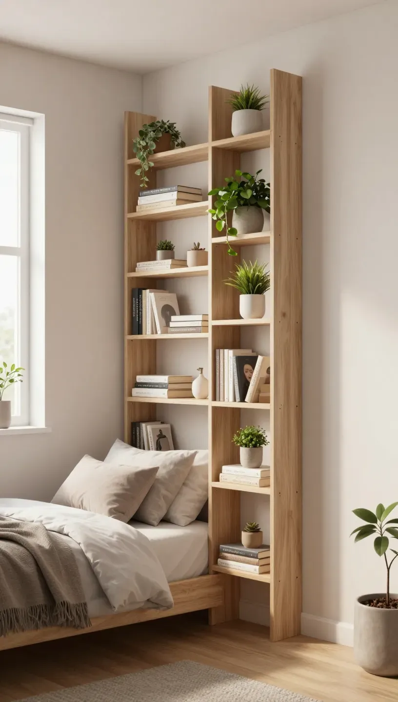Vertical shelving in a tiny bedroom showcasing books and decor