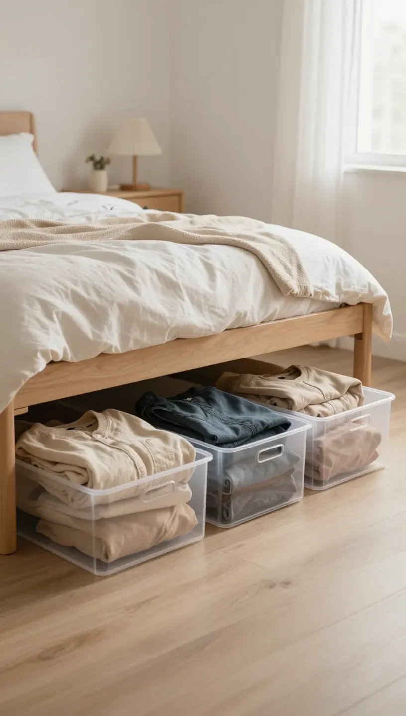 Under-bed storage solutions in a tiny bedroom for organization