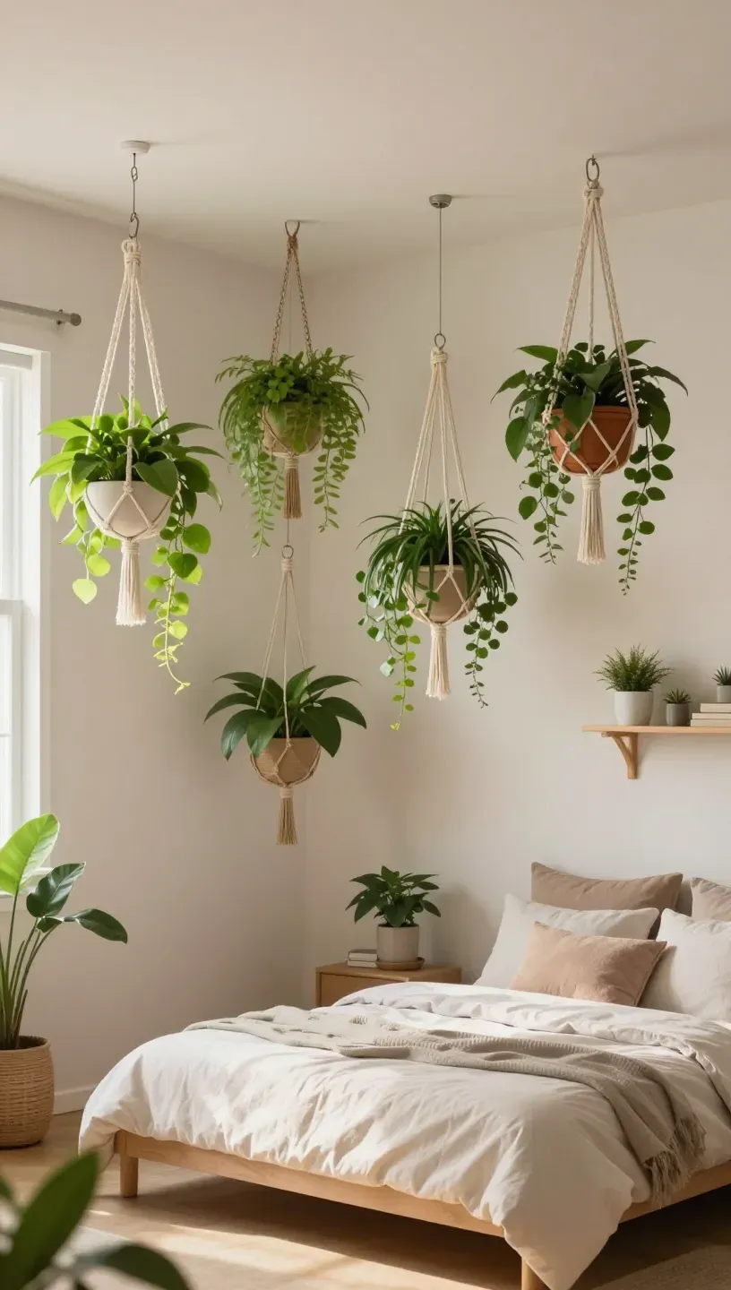 Tiny bedroom with hanging plants for vibrancy and freshness