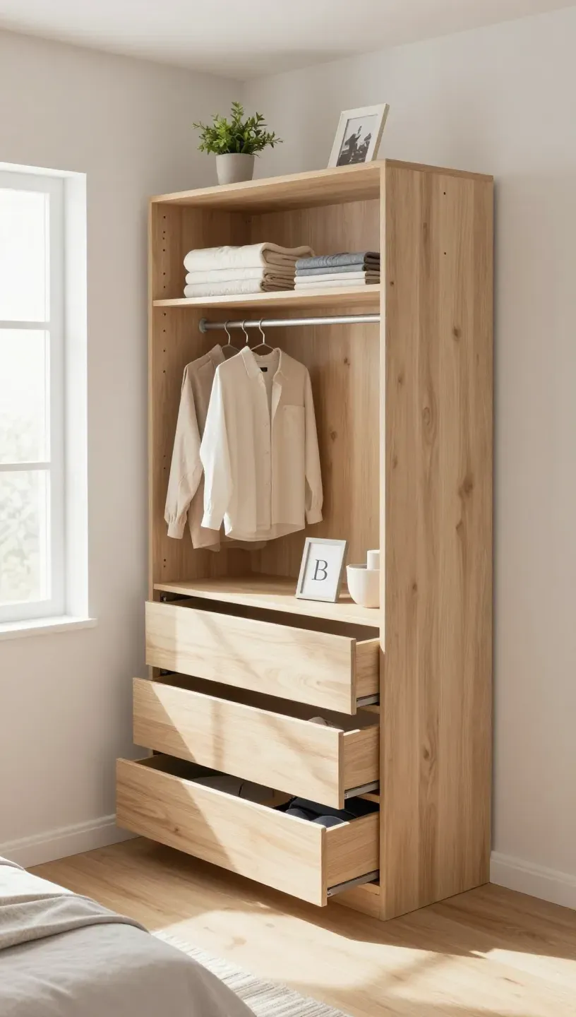 Custom built-in wardrobe showcasing efficient storage in a tiny bedroom.