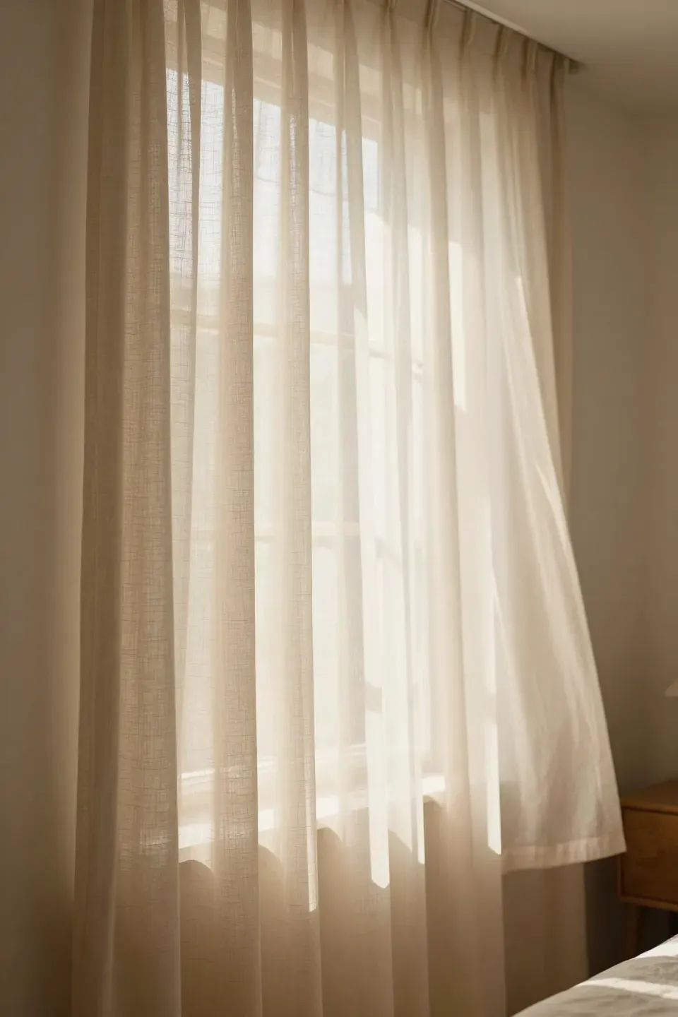 Light beige curtains filtering natural light in a cozy bedroom