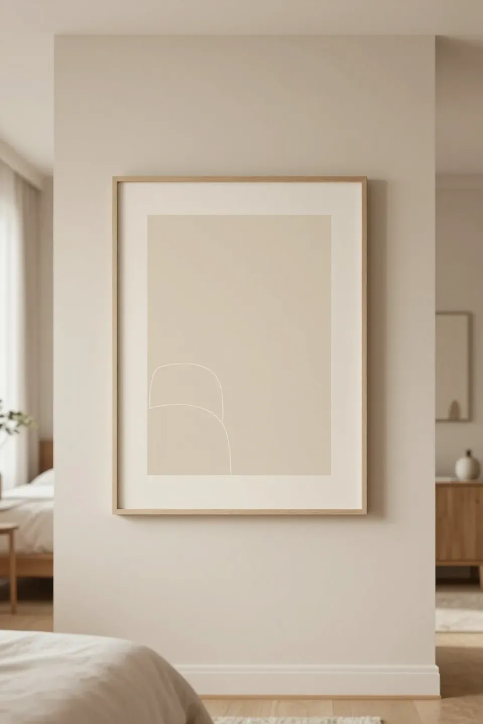 Minimalist beige artwork displayed on a wall in a cozy bedroom