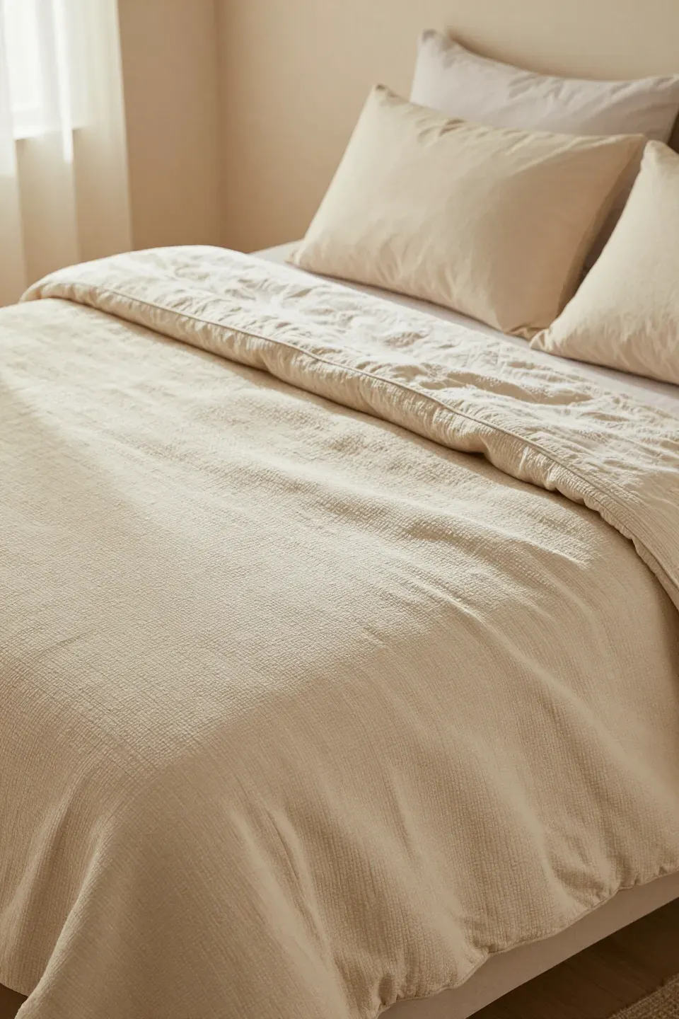 Close-up of a beige bedspread with textured patterns, creating a cozy atmosphere.