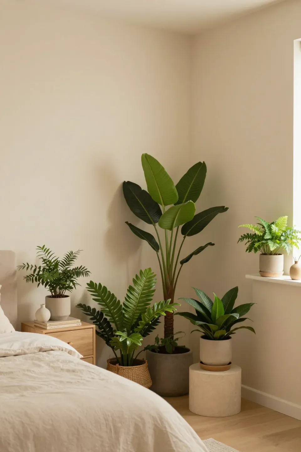 Cozy bedroom corner with potted plants, enhancing the beige aesthetic.