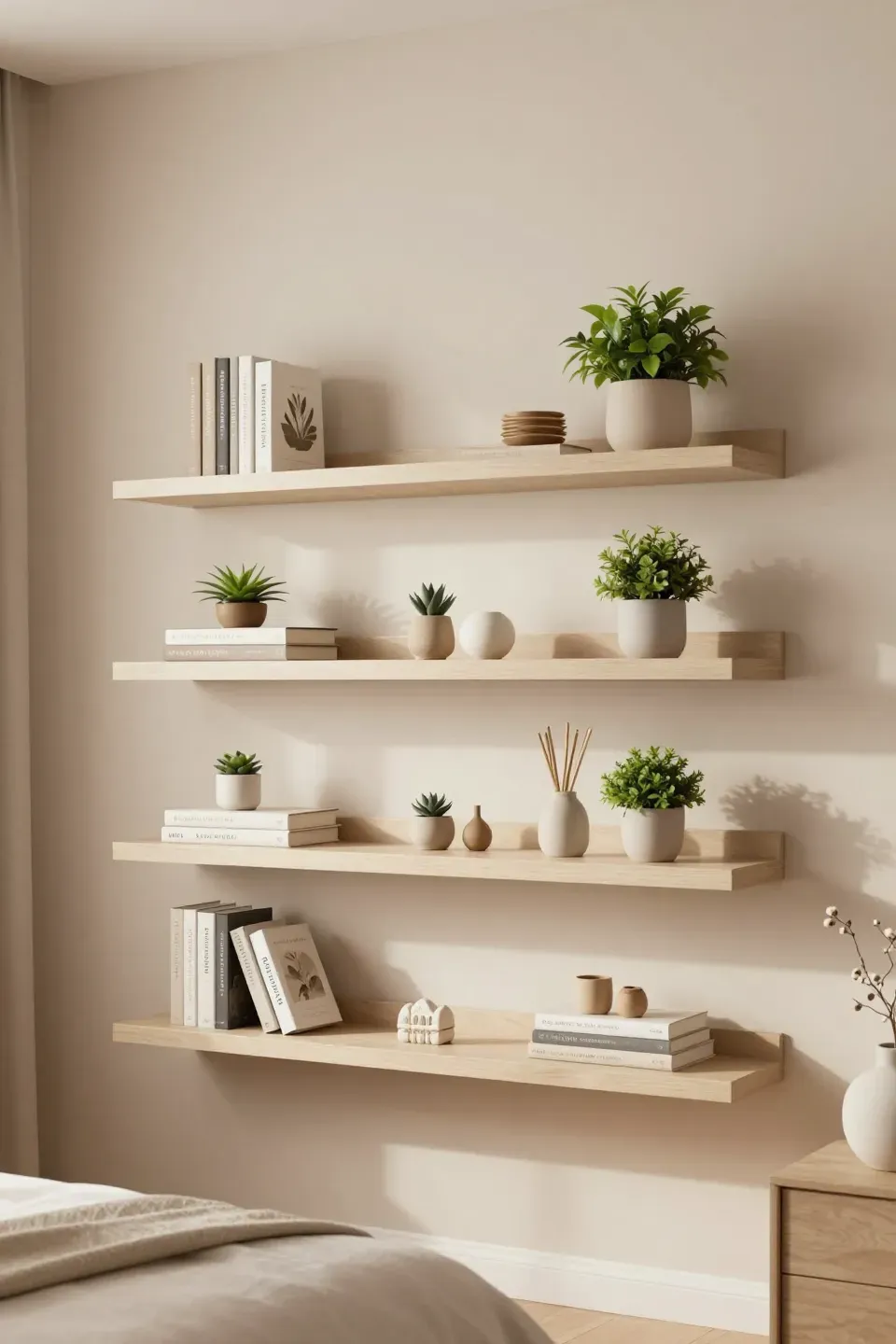 Floating shelves in light beige finish displaying decorative items in a cozy bedroom.