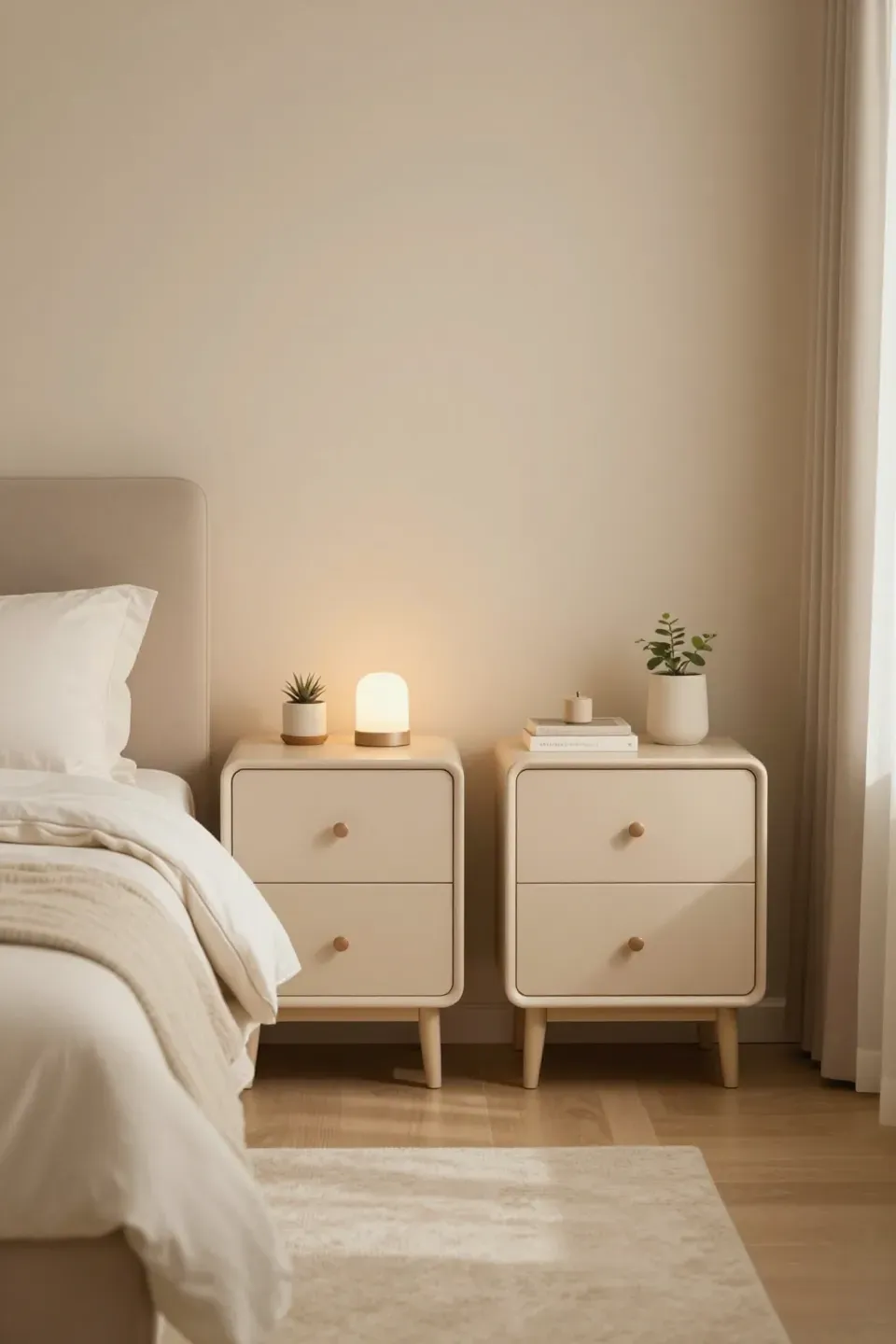 Pair of beige nightstands beside a bed, enhancing a cozy bedroom atmosphere.