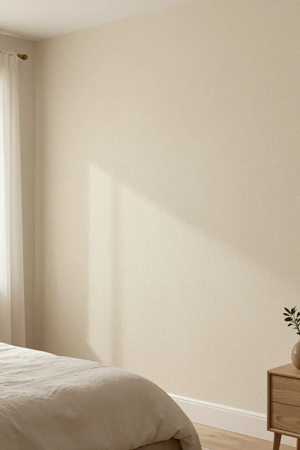 Cozy bedroom featuring textured beige wallpaper that enhances the inviting atmosphere.