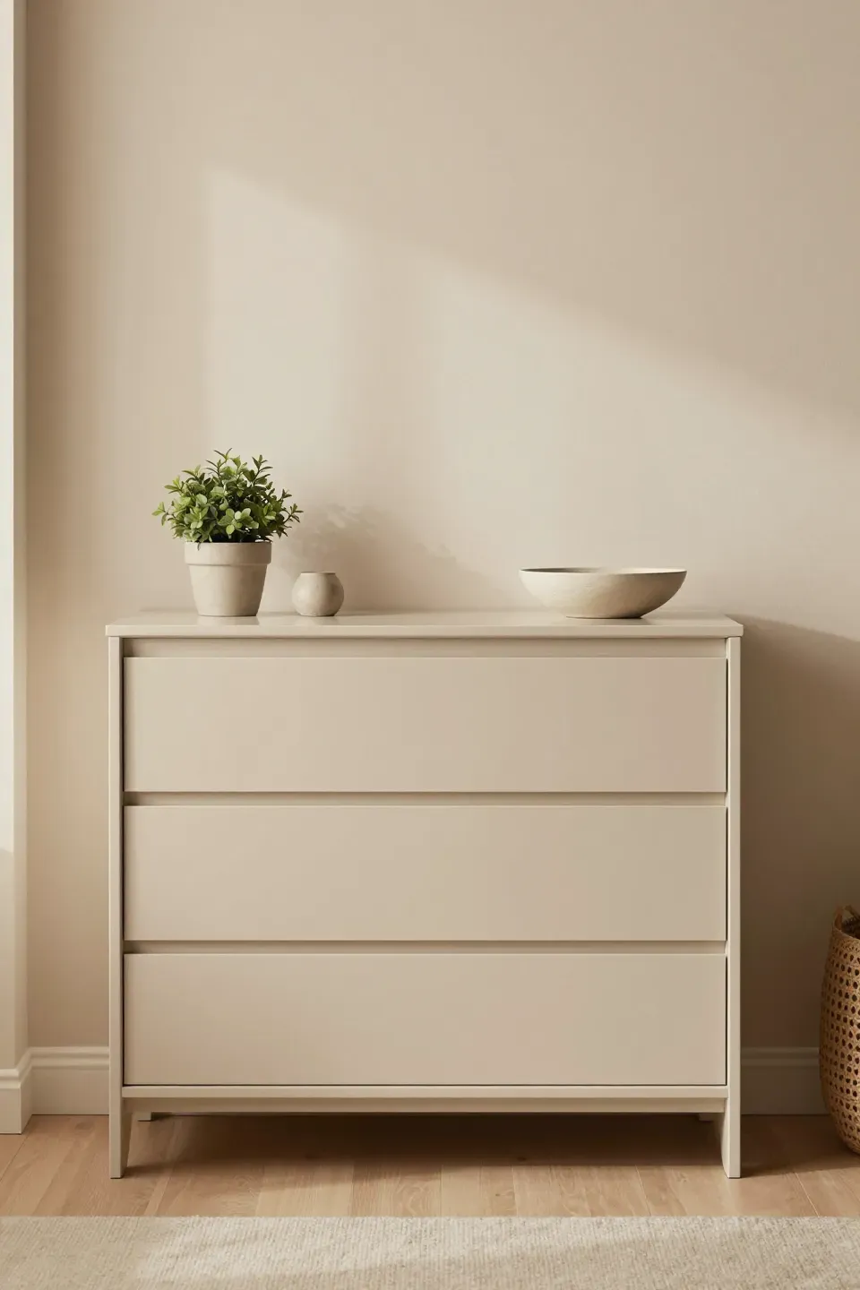 Photorealistic image of a neutral beige dresser in a cozy bedroom setting.
