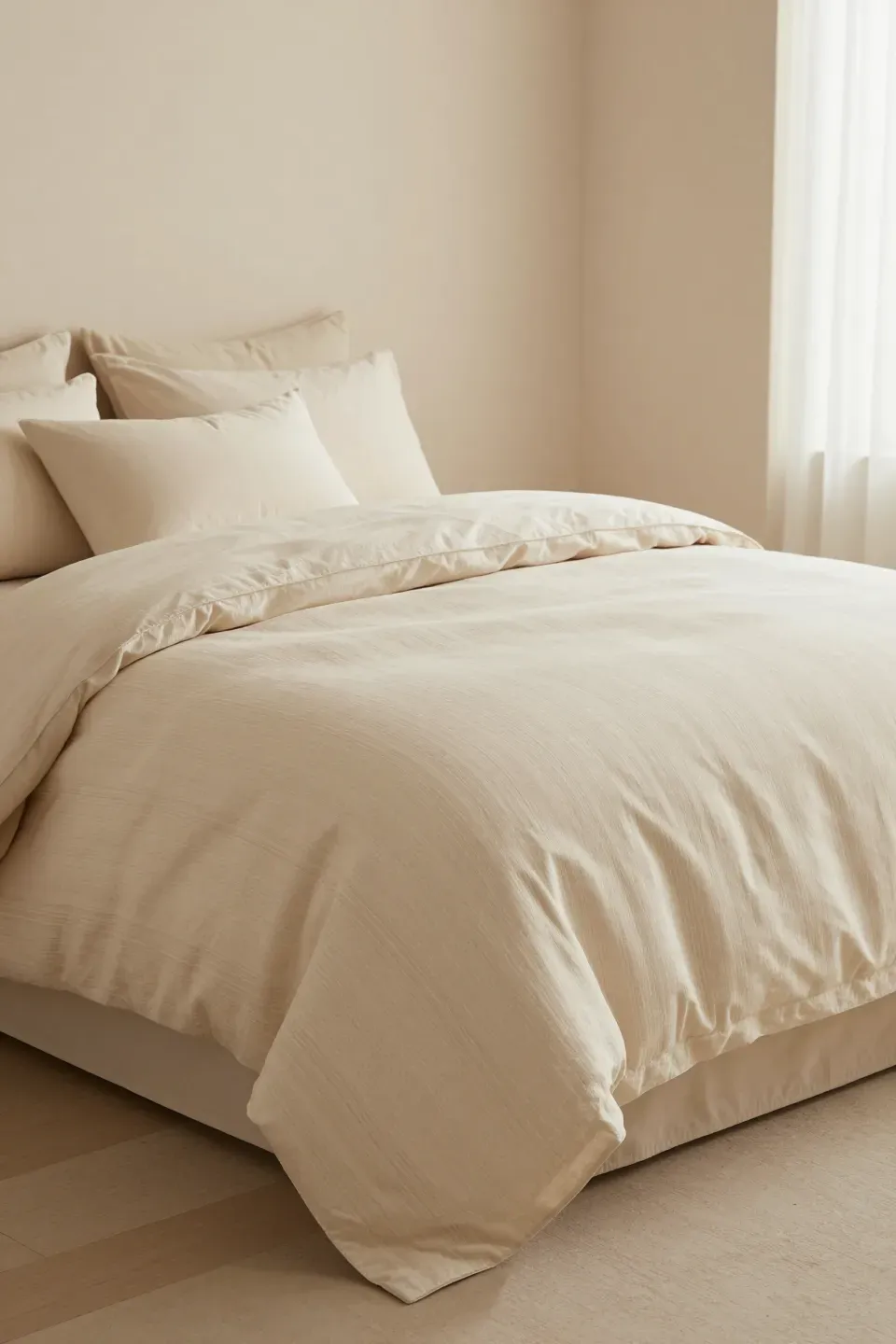 Elegant beige bedding with simple stripes in a cozy bedroom.