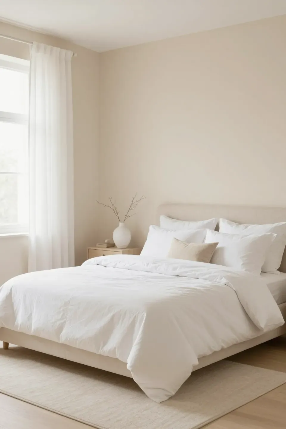 Stylish bedroom mixing beige and soft whites for a fresh contrast.