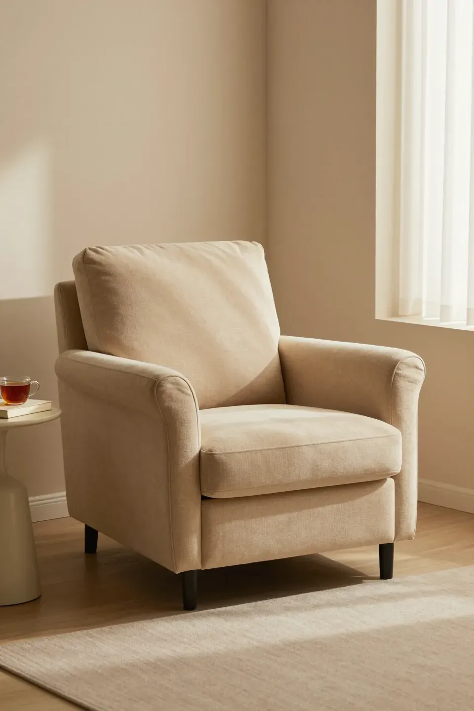 Cozy warm beige accent chair in a serene reading nook.