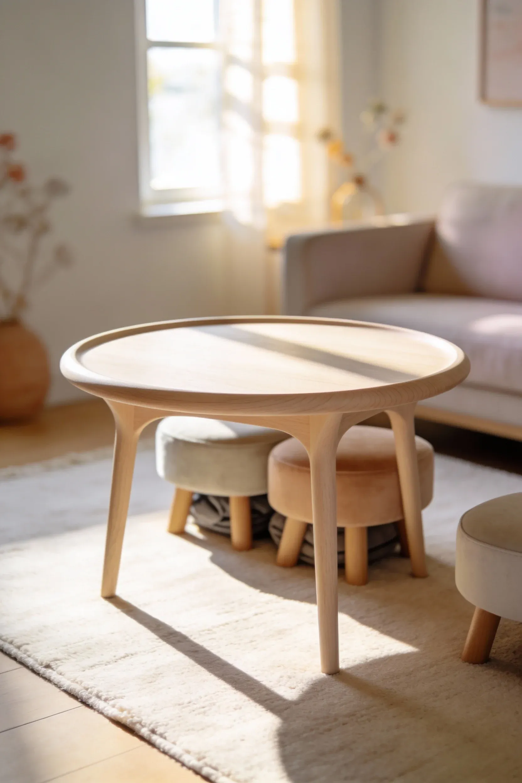 Compact round coffee table in a bright living room setting.