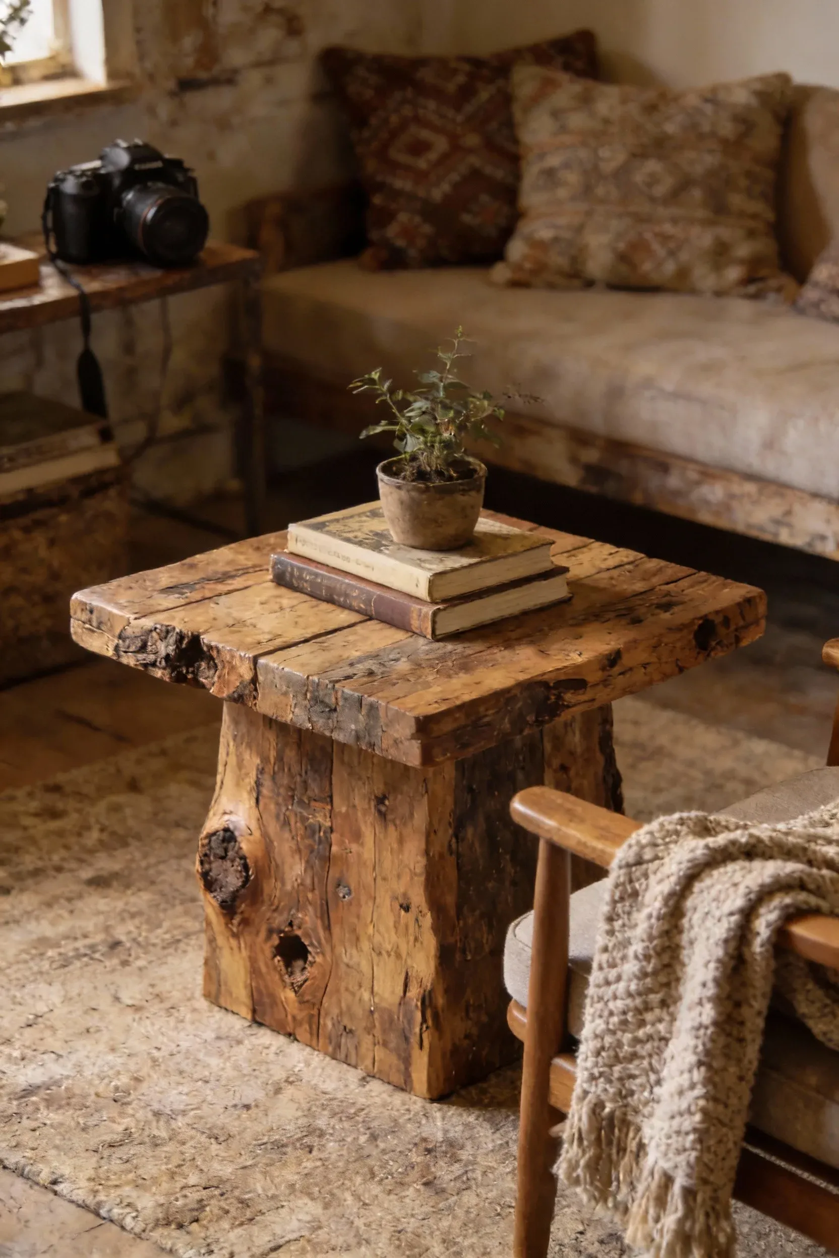 Rustic DIY coffee table made from reclaimed wood in a cozy living room.