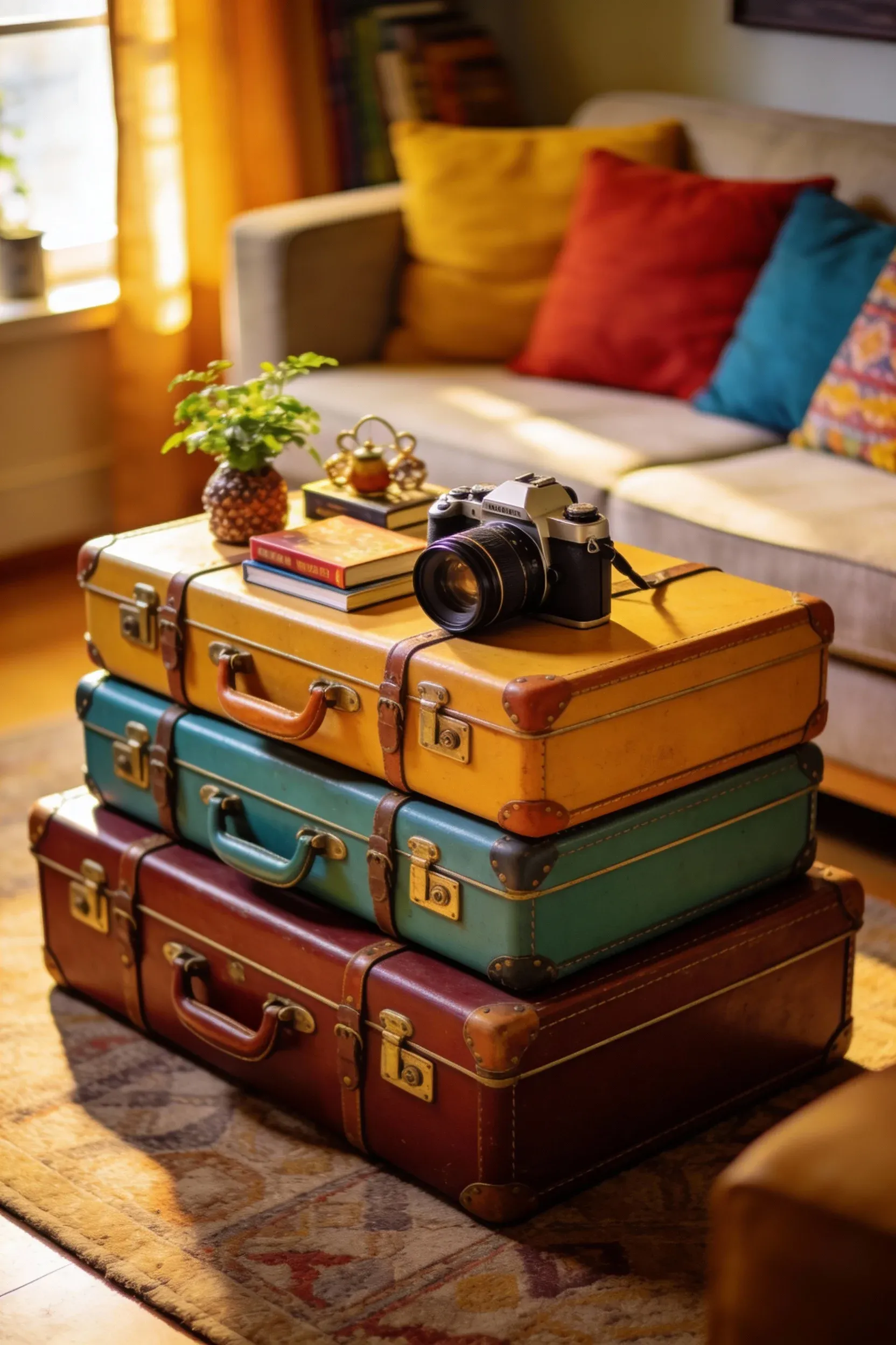 Creative coffee table made from stacked vintage suitcases in a stylish living room.