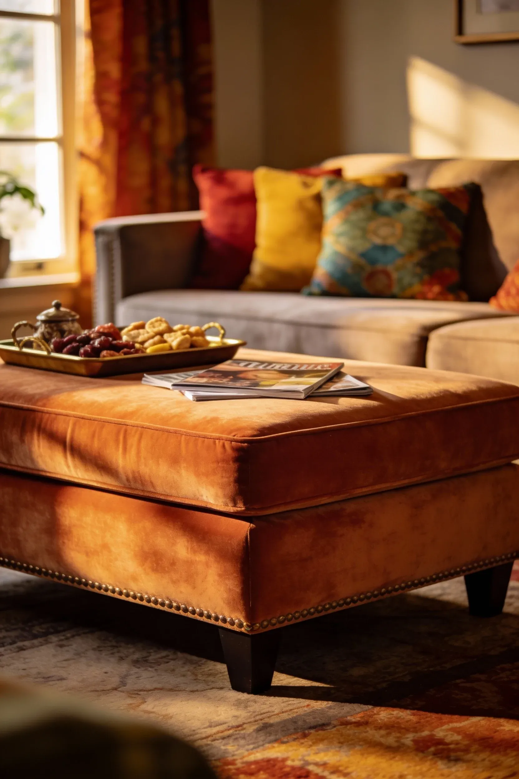 Versatile ottoman coffee table providing extra seating in a cozy living room.