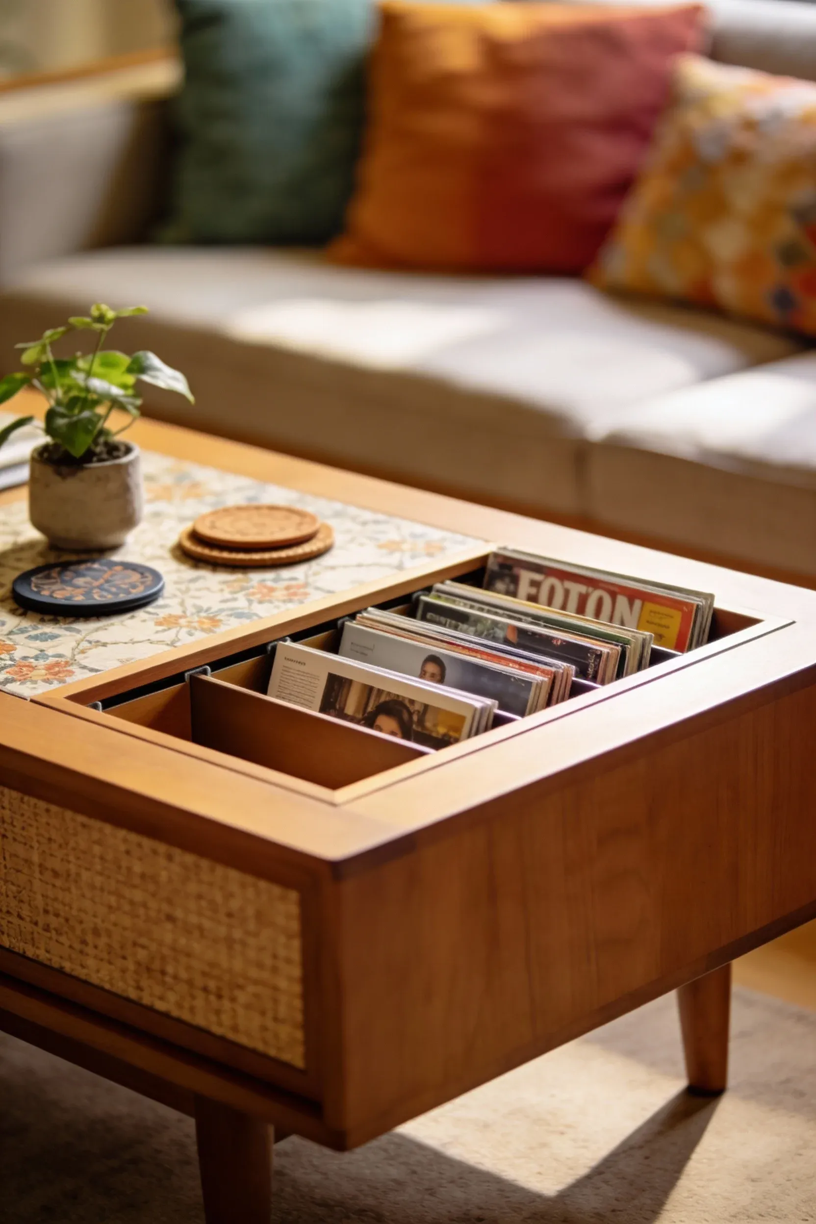 Functional coffee table with a built-in magazine rack in a chic living room.